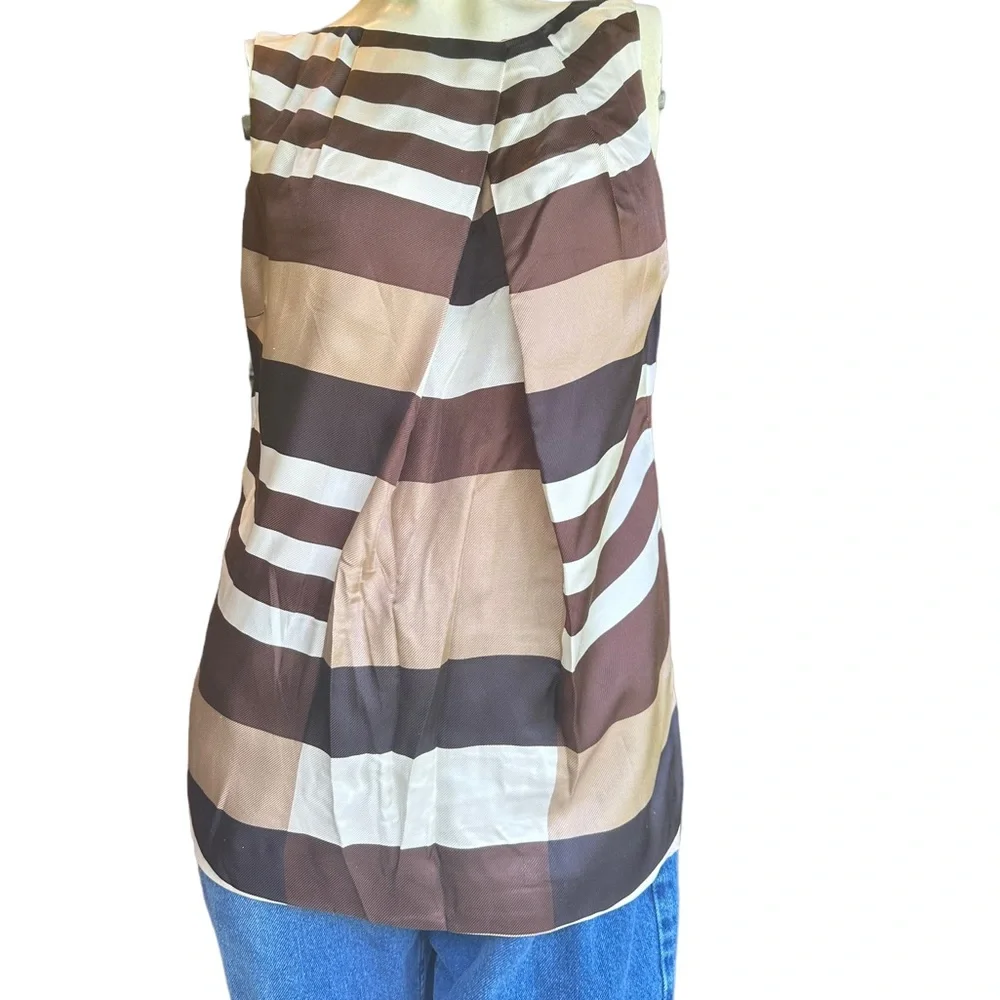 Tory Burch High Neck Neutral Striped Checkered Pleated 100% Silk Modest Size 6
